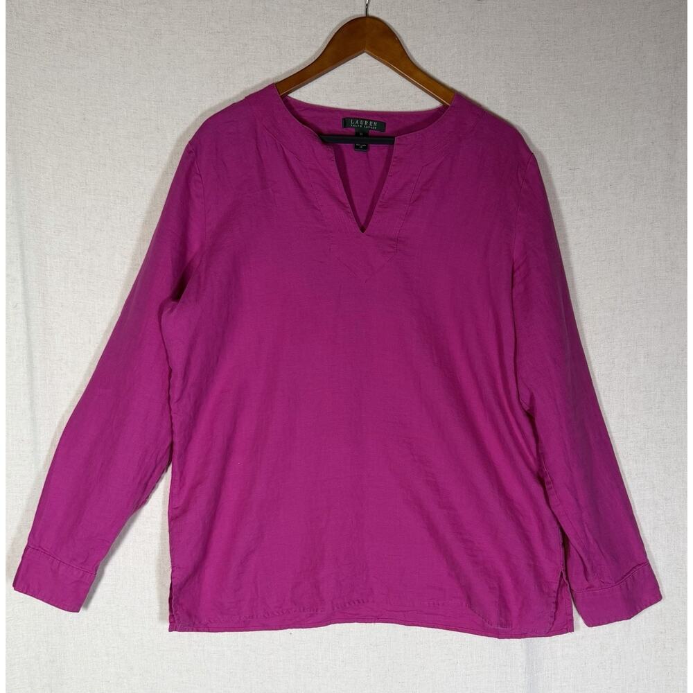 Lauren Ralph Lauren Linen Tunic Top Women's XL Magenta Roll Tab Sleeves